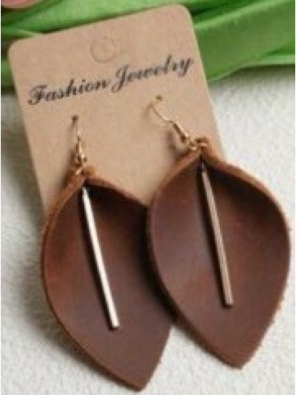 Fashion Jewelry Brown Leaf Drop Earrings with Gold Bar Accent